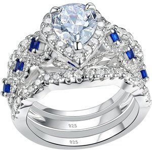 Engagement Wedding Ring Set 925 Sterling Silver 3pcs